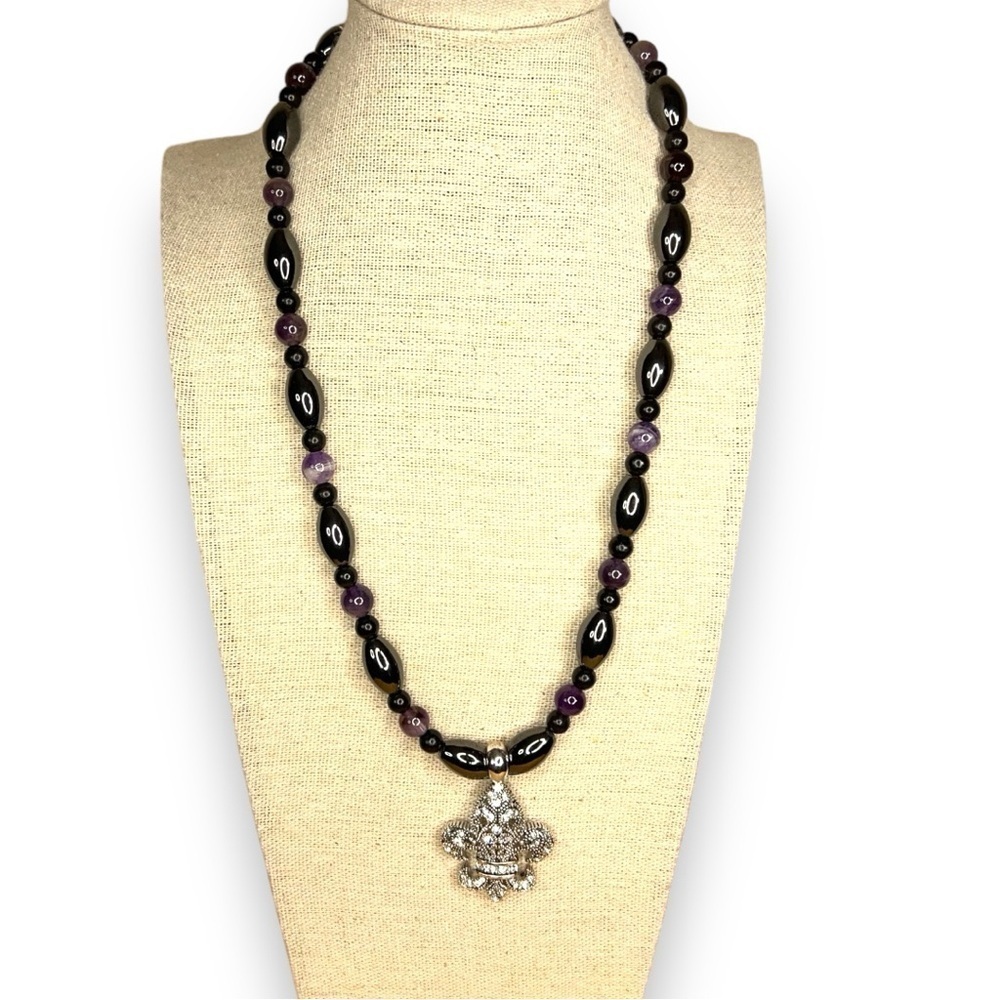 BEADED FLEUR DE LIS NECKLACE SILVER BLACK RHINESTONE GLAM GOTH